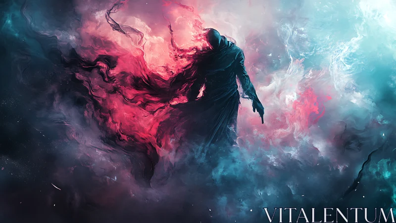 Mysterious cloaked wanderer strides through cosmic storm
