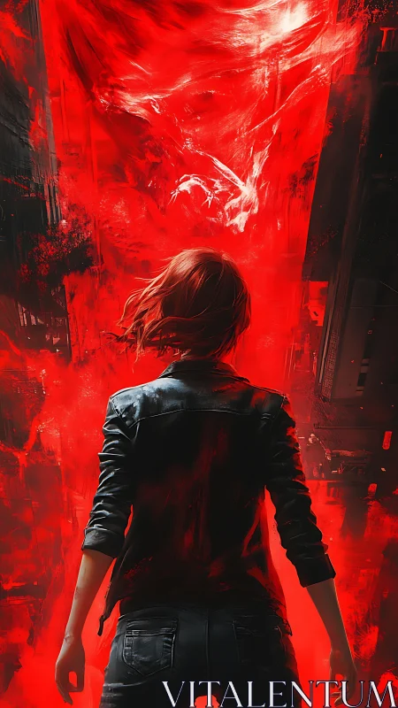 Crimson storm swirls as a lone hero confronts the unknown