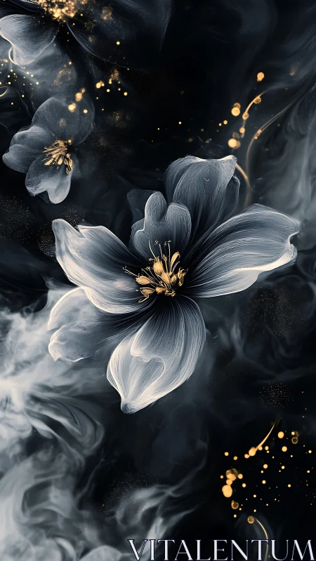 Luminous ethereal blooms drift through swirling dark mist.