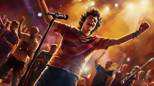 Digital concert painting of ecstatic singer leading crowd.