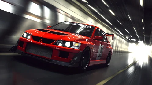 Red tuned rally sedan accelerates through illuminated tunnel