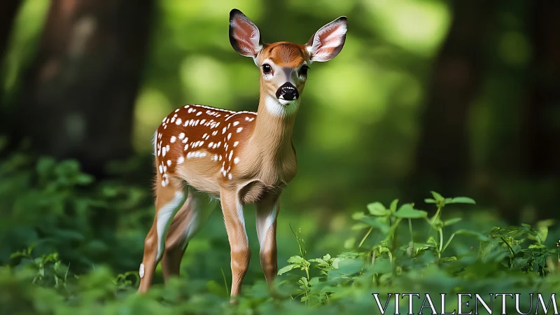 Young white-tailed fawn stands alert in softly blurred forest