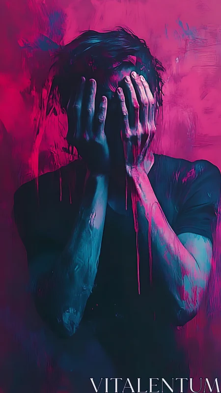 Neon portrait shows distressed figure with hands covering face.