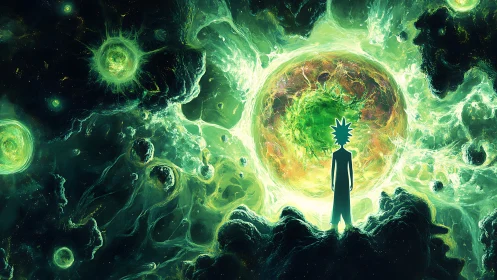 Cosmic wanderer gazing into a swirling green universe.