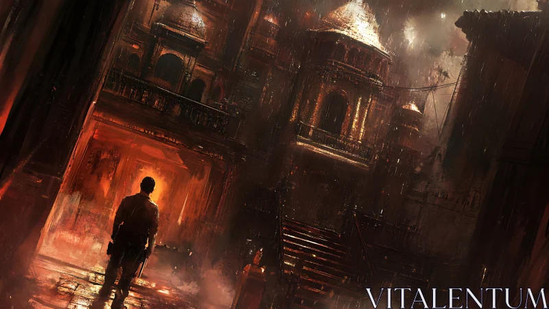 Digital painting of lone figure before burning citadel at night.