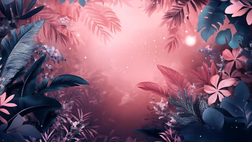 Neon tropical foliage frames glowing pink forest portal.