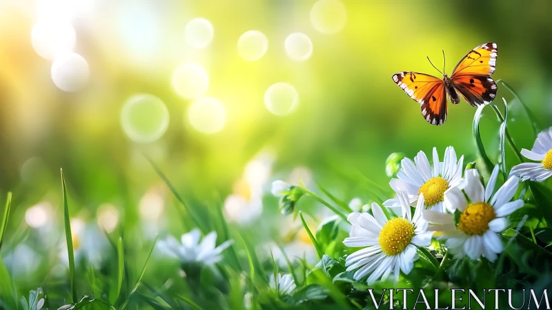 Orange butterfly hovers over daisies in glowing spring light