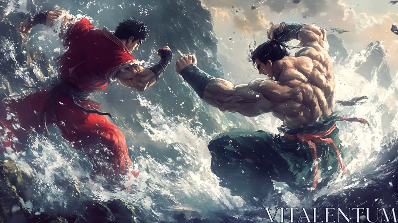 Two martial artists clash in explosive ocean waves