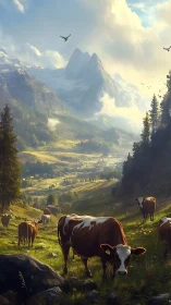 Majestic alpine cows graze beneath towering snowy peaks.