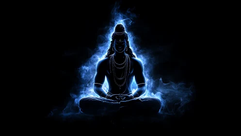 Luminescent Shiva silhouette in meditative lotus with blue aura