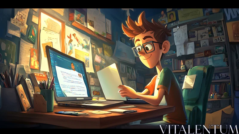 Young digital creator coding in warm studio workspace.