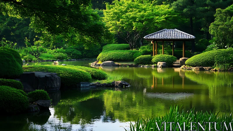 Gentle garden pavilion rests beside a calm reflective pond