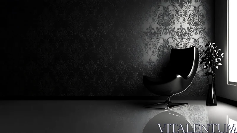 High-gloss black lounge chair anchors a minimalist tonal study