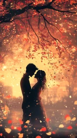 Silhouetted Couple Embracing Under Autumn Foliage Canopy