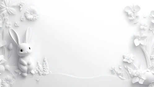 White 3D bunny with floral relief framing central blank space