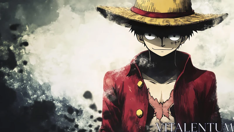 Straw-hatted pirate stands confident amid swirling shadows