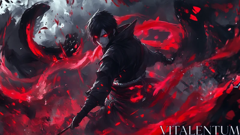 Dark swordsman channels red energy in storm of shadows