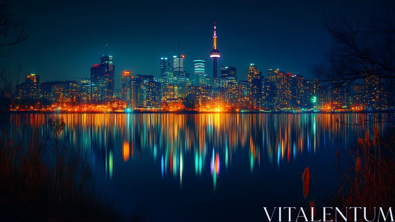 Neon skyline reflection with symmetrical waterfront composition.