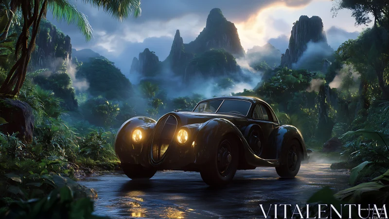 Vintage black coupe glides through misty tropical jungle