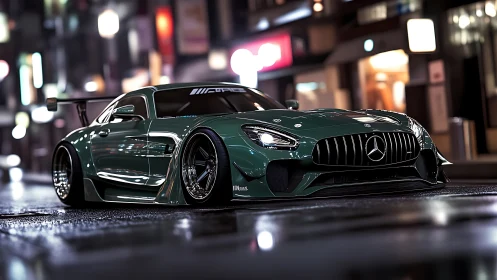 Modified Mercedes sports car on wet neon city street at night.