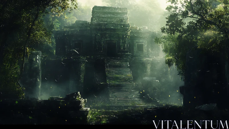 Ancient jungle temple ruin in misty green forest light.