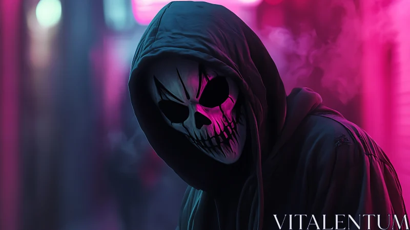 Neon skull mask figure in moody urban alley glow at night.