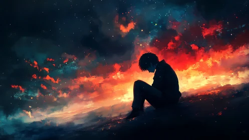 Silhouetted boy sits before blazing nocturnal sky glow