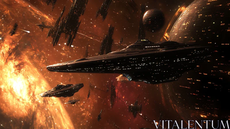Colossal starships cross a blazing industrial galaxyscape.