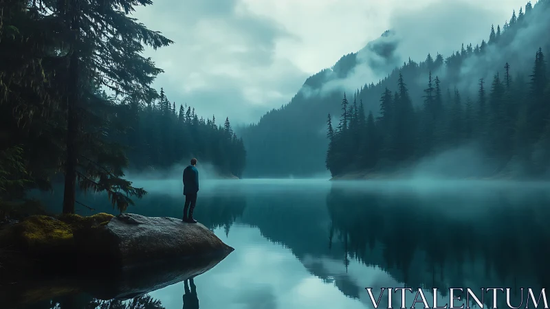 Solitary figure beside misted conifer lake in mountain valley.