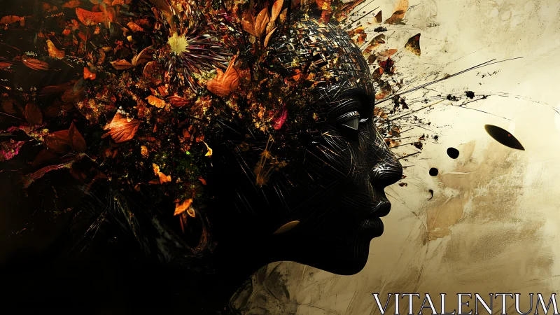 Dreaming soul wrapped in autumn leaves and glowing light.