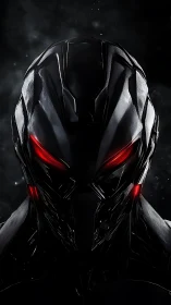 Midnight cyber sentinel with burning red machine eyes.