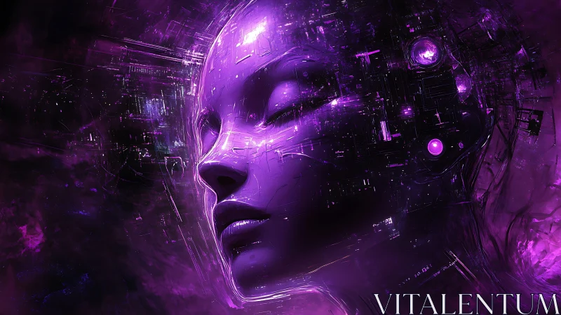 Purple cybernetic human face rendered in luminous profile view.