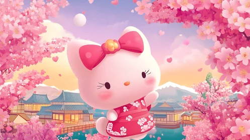 Cute kitty in pink kimono under dreamy cherry blossoms.