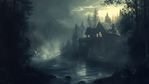 Cabin with lit windows stands above misty forest river at dusk