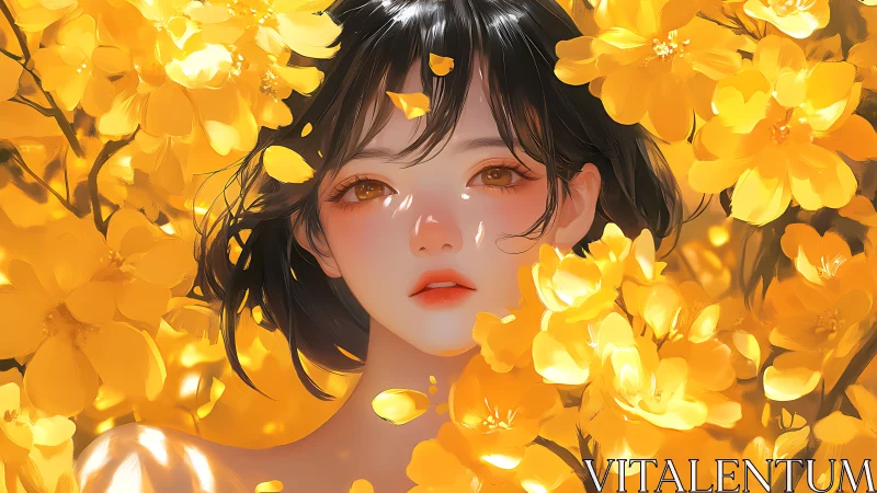 Luminous anime portrait framed by golden floral cascade.