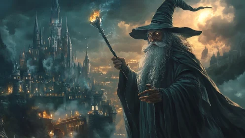 Kindly old wizard guiding a glowing city at dusk.