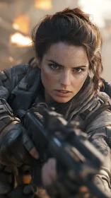 Tactical combat portrait with shallow‑focus ballistics framing.