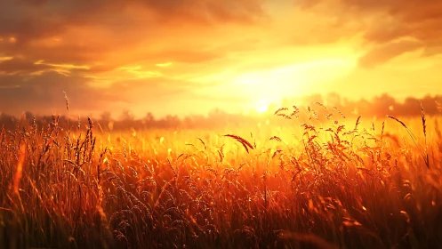 Sunlit grain field under low evening sun with orange sky.