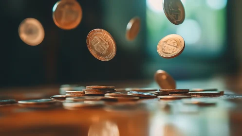 Photorealistic falling coins in shallow depth-of-field tableau.
