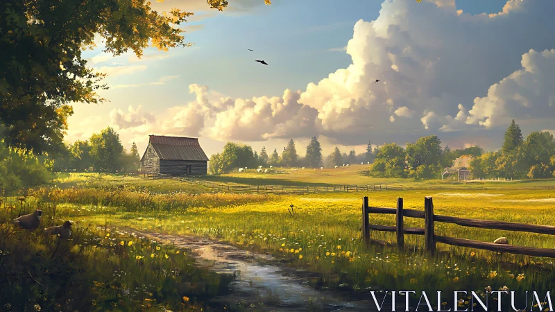Sunny country meadow with cozy barns and drifting clouds.