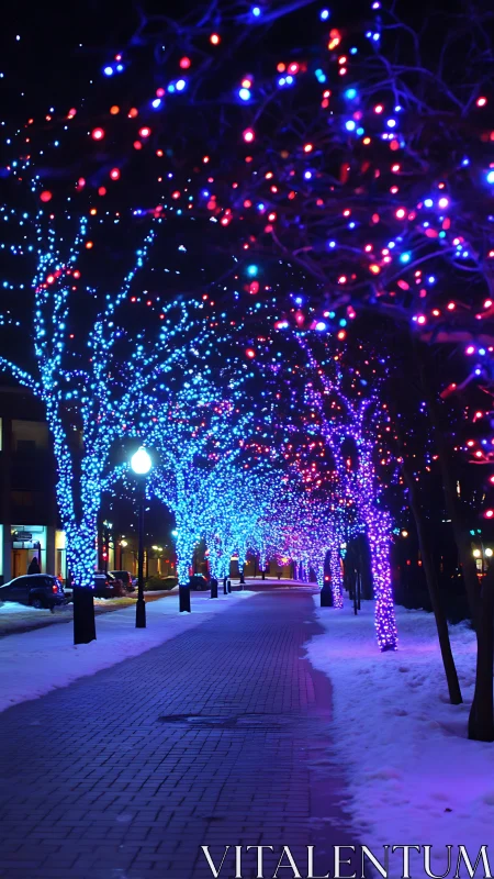 Winter city promenade under neon blue and magenta lights.