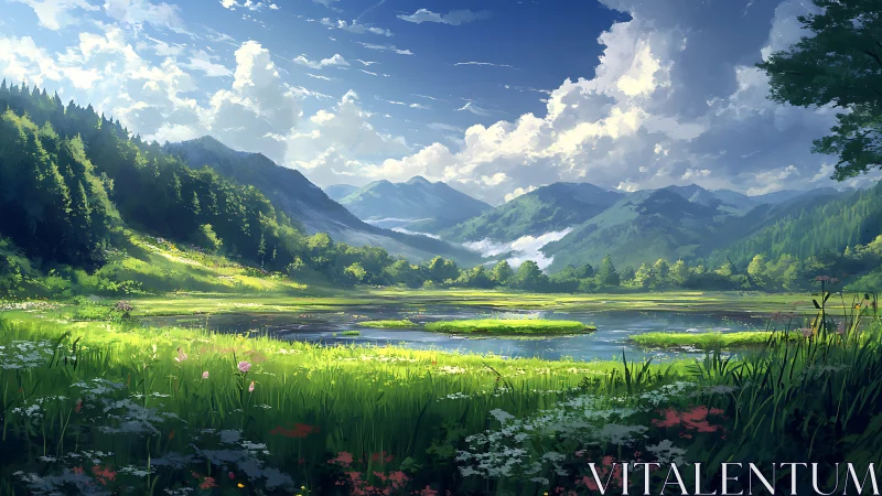 Sunlit alpine wetland rendered in luminous digital brushwork