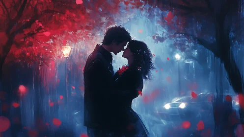 Neon Urban Romance: Digital Painting of Silhouetted Couple in Rain.