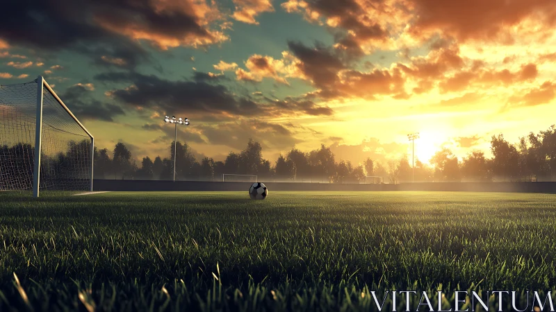 Low-angle football pitch at sunset with volumetric lighting.