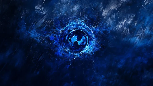 Radiant blue emblem shatters outward in an electric void