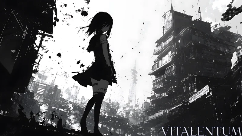 Silhouetted urban heroine amid high-contrast megastructure bloom.