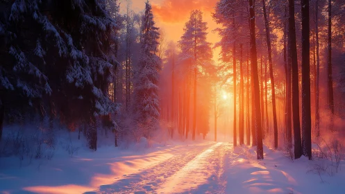 Golden winter sunrise glowing through a peaceful forest path.