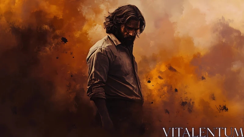 Brooding wanderer swallowed by stormy ember smoke clouds.