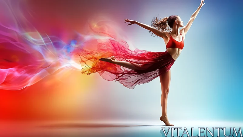 Dynamic dancer in red leaping across vivid gradient background.