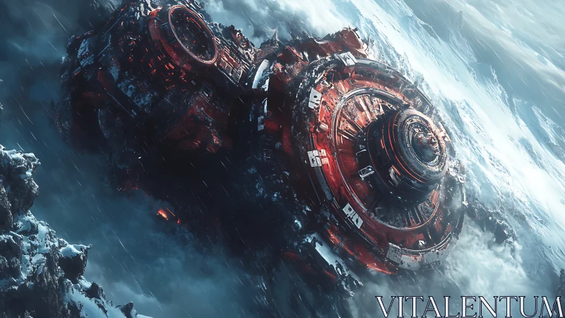 Silent red starship resting in storm-washed polar icefield.